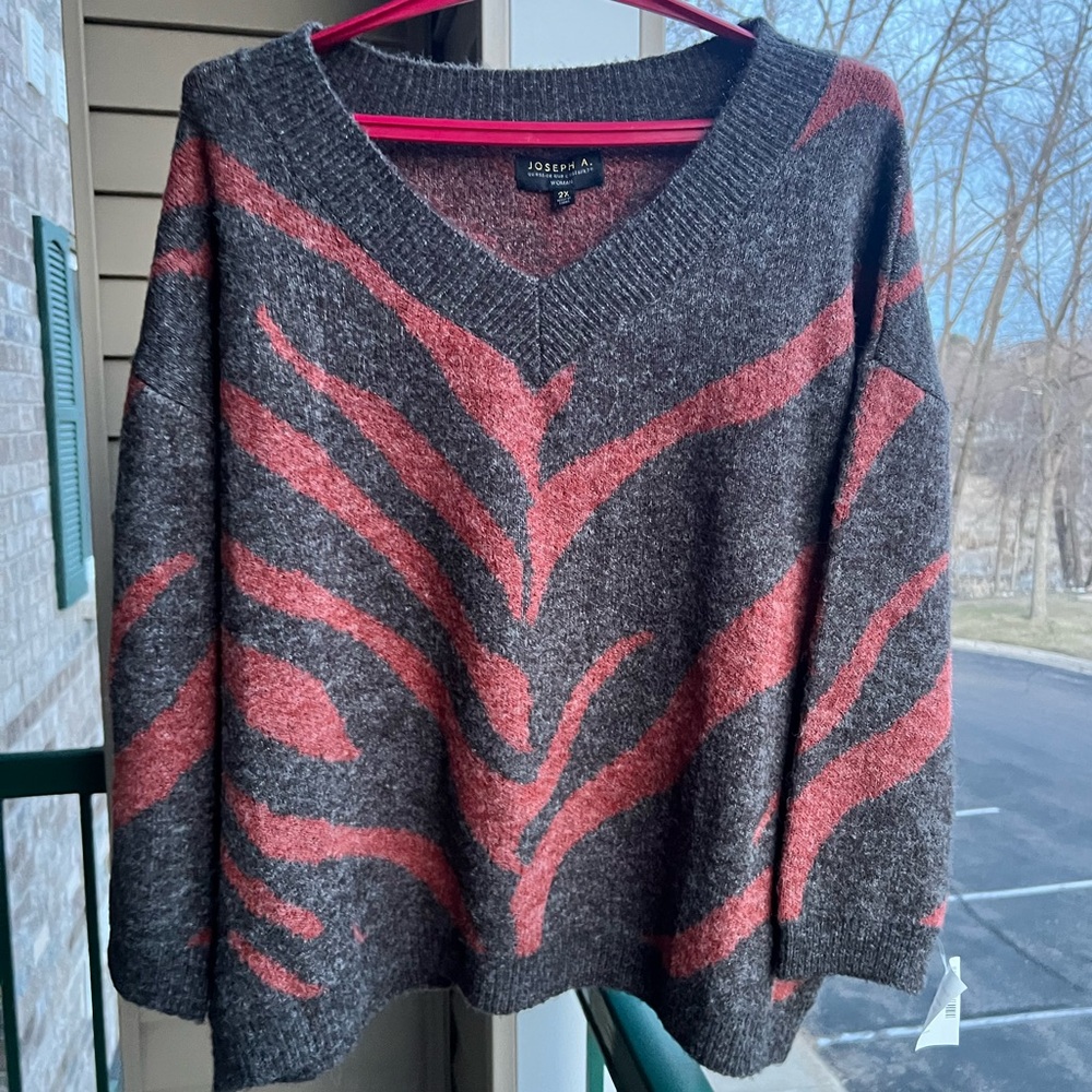 🆕🦓 Joseph A. Women’s Brown Gray Zebra Print V-Neck Sweater 2X Cozy Soft Knit - Picture 3 of 9